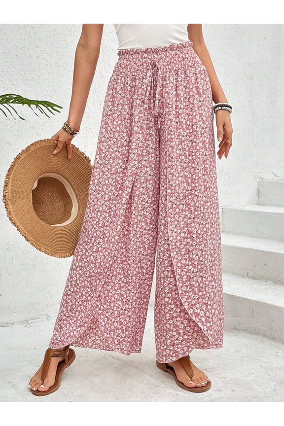 Floral Pants for Women Slit High Waisted Wide Leg Palazzo Pants Casual Summer Boho Beach Tulip Hem Flowy Wrap Pant