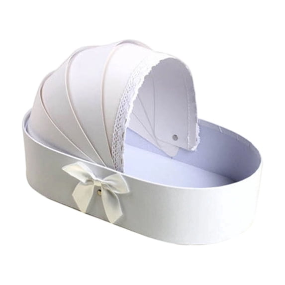Floral Paper Cradle Basket, Cardboard Crib Flower Holder for Wedding Birthday Party Decorations, Gift Bouquet Centerpiece, Foldable Handle, White