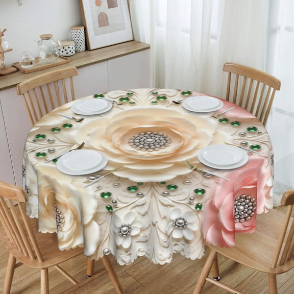 Floral Paper Craft With Pearl Round Tablecloth Waterproof Table Cloth Stain and Wrinkle Resistant Washable, Decorative Fabric Table Cover for Dining, Party and Camping