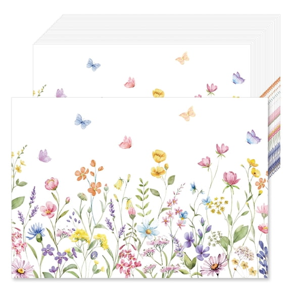 Floral Paper Placemat Watercolor Wildflower & Butterfly Disposable Paper Placemats - Spring Garden Floral Table Mats for Brunch Weddings Party Decoration