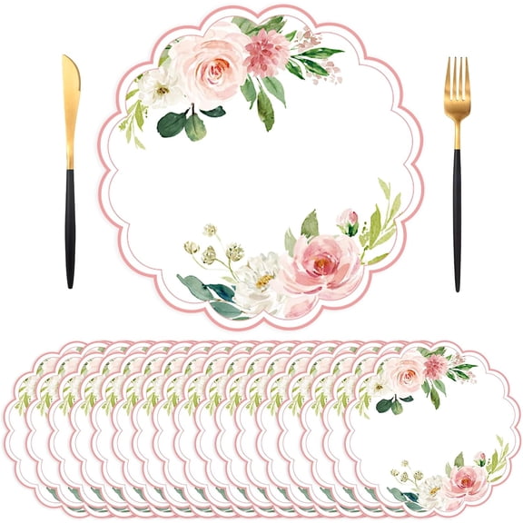 Floral Paper Placemats, Pink Roses Flower Paper Placemats Disposable, Summer Table Mats for Wedding Birthday Anniversary Home Party Supplies Banquet Table Settings