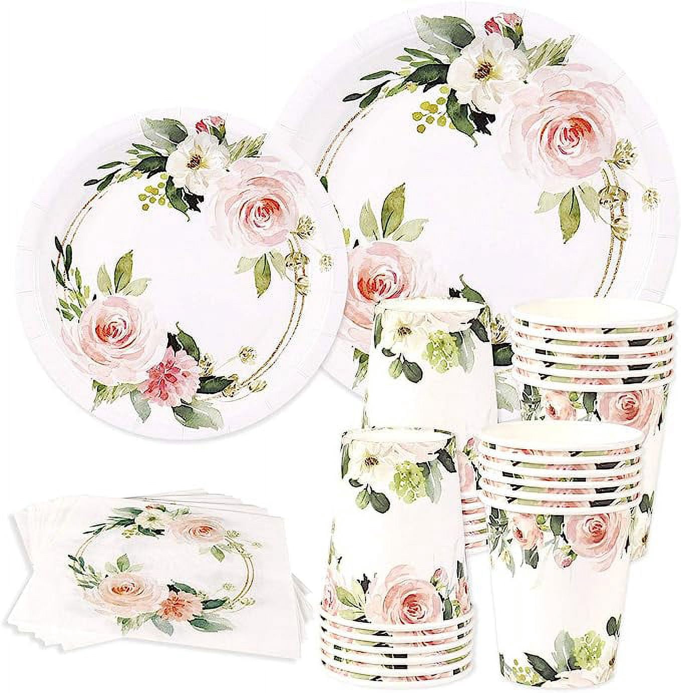 Floral Paper Plates, 24 Guests, Dinner Plates, Dessert Plates, 9 oz Cups, Gold Paper Straws and Napkins for Baby Shower and Birthday Party, Party Supplies Decoration, Pink