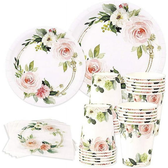 Floral Paper Plates, 24 Guests, Dinner Plates, Dessert Plates, 9 oz Cups, Gold Paper Straws and Napkins for Baby Shower and Birthday Party, Party Supplies Decoration, Pink