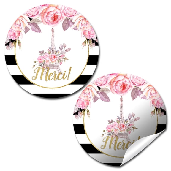 Floral Paris Merci Birthday Party Stickers 40 Pack 2" Round Circle Labels Party Favors, Goodie Bag Labels, Envelope Seals, Cupcake Toppers & Thank You Stickers by Amanda Creation