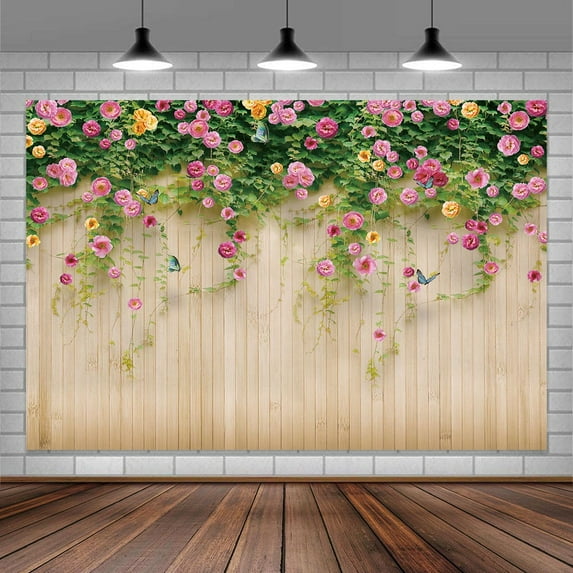 Floral Party Backdrop,7X5Ft Rosemary Flower With Butterfly Rustic Wooden Photography Background Garden Party Event Decoration