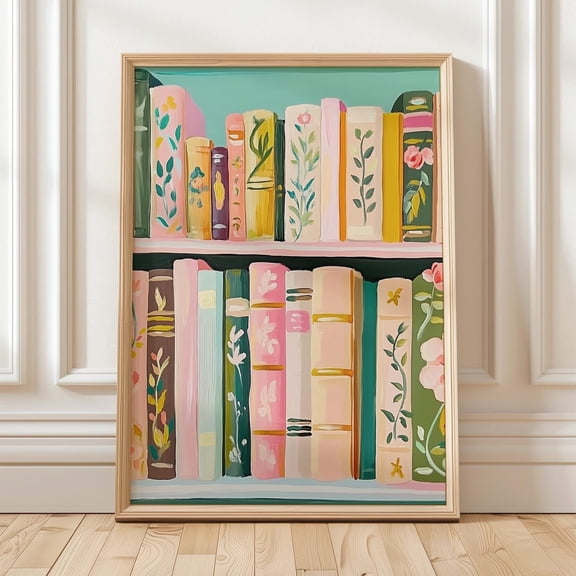 Floral Pastel Bookshelf Wall Art Cottagecore Library Decor Colorful Vintage Book Spines Print For Cozy Home Aesthetic Wall Art Modern Wall Decor