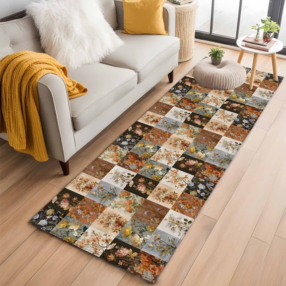 Floral Patchwork 2'x6' Runner Rugs for Hallway Kitchen Bedside Non Slip Washable, Vintage Country Geometric Flower Entryway Rug Runners with Rubber Backing, Long Carpet Runner for Laundry Room