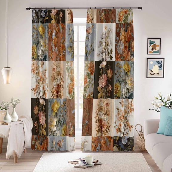 Floral Patchwork Blackout Curtains for Bedroom/Living Room, Pinch Pleated Black Out Curtains, Vintage Country Geometric Flower Room Darkening Window Drapes with Hooks 2 Panels, 59"x70"
