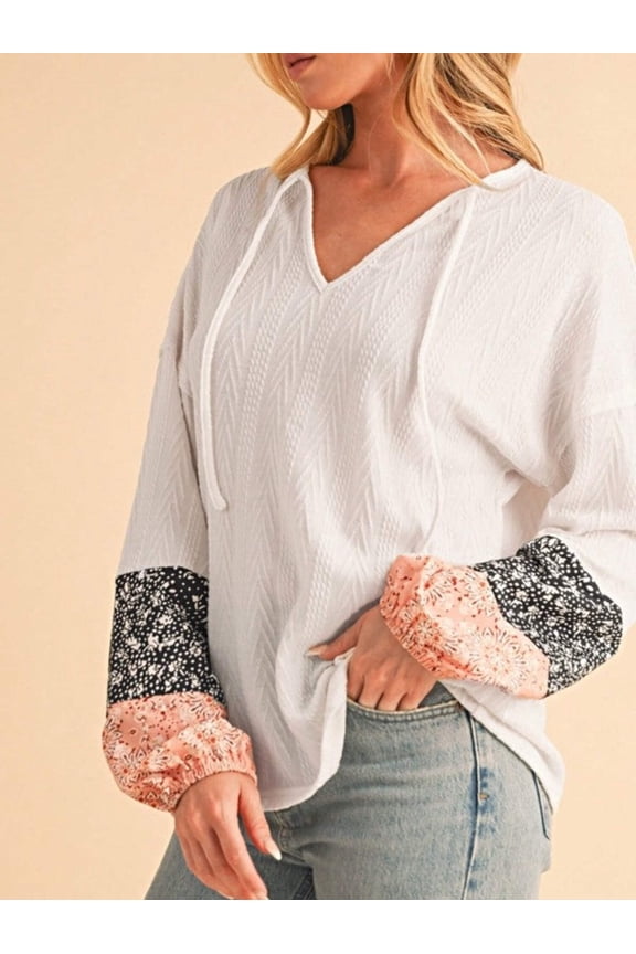 Floral Patchwork Cable Texture Drawstring V Top