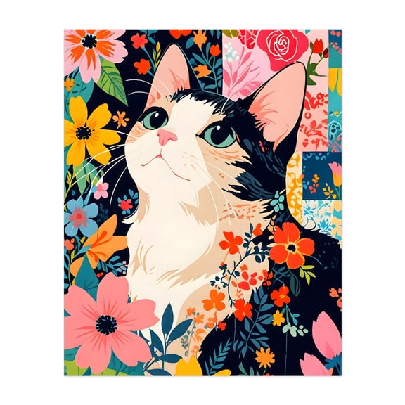 Floral Patchwork Cat - Painting Cat Floral Modern Art Pop Art Animal Flowers Whimsical Unframed Wall Art Print 6 x 8 inches
