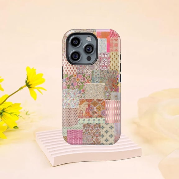 Floral Patchwork Collage iPhone Case, Preppy Quilt Pastel Blocks 17 16 15 14 13 12 11 Pro Max