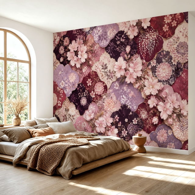 Floral Patchwork Design Wall Mural Peel and Stick Wallpaper Shades Pink ...