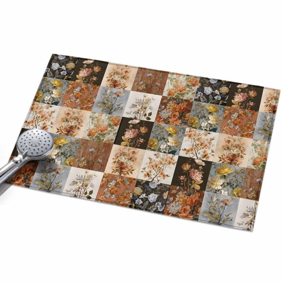 Floral Patchwork Entryway Rug 2x3ft Washable Non Slip Bathroom Rug Low Pile Soft Indoor Floor Front Door Mat Vintage Country Geometric Flower Rectangle Area Rugs Carpet for Kitchen Office Dining Room