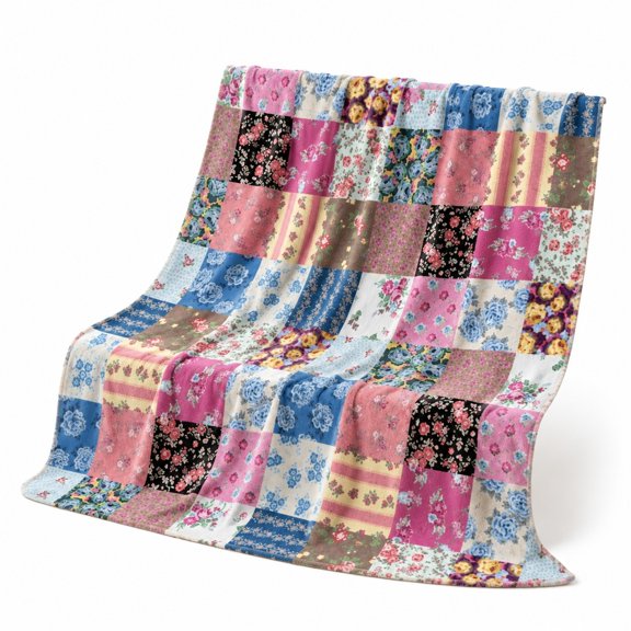 Floral Patchwork Fleece Blanket, Soft 280 GSM Polyester Throw, 4 Sizes