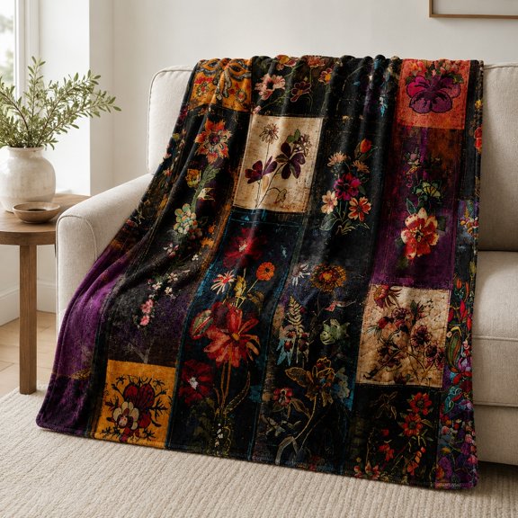Floral Patchwork Fleece Throw Blanket, Soft 280 GSM Polyester Blanket