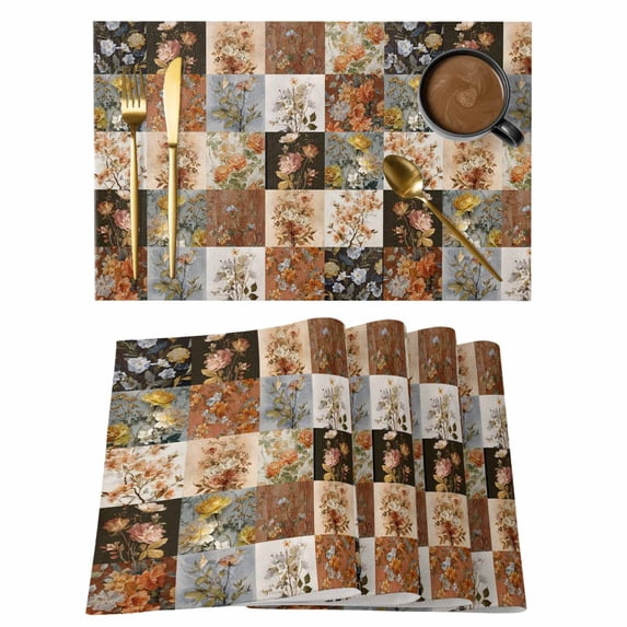 Floral Patchwork Placemats Set of 8, Vintage Country Geometric Flower Placemats for Dining Table, Place Mats for Kitchen Tabletop, Waterproof Wipeable Dining Table Mats Set