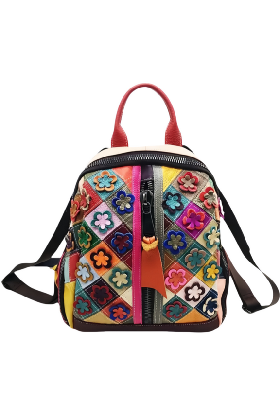 Colorful Genuine Leather Patchwork Women's Backpack - 3D Floral Embroidery, Multiple Compartments, Soft & High-Quality, for Daily/Work Use
