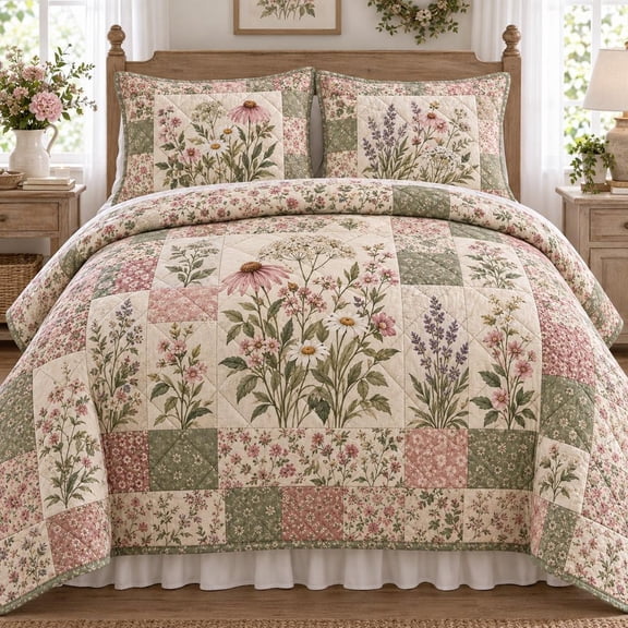 Floral Patchwork Quilted Bedding Set, Wildflower Cottagecore Quilt, Farmhouse Bedroom Decor