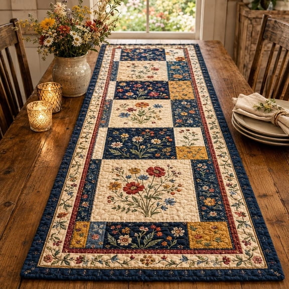 Floral Patchwork Quilted Table Runner, Country Cottage Farmhouse Decor
