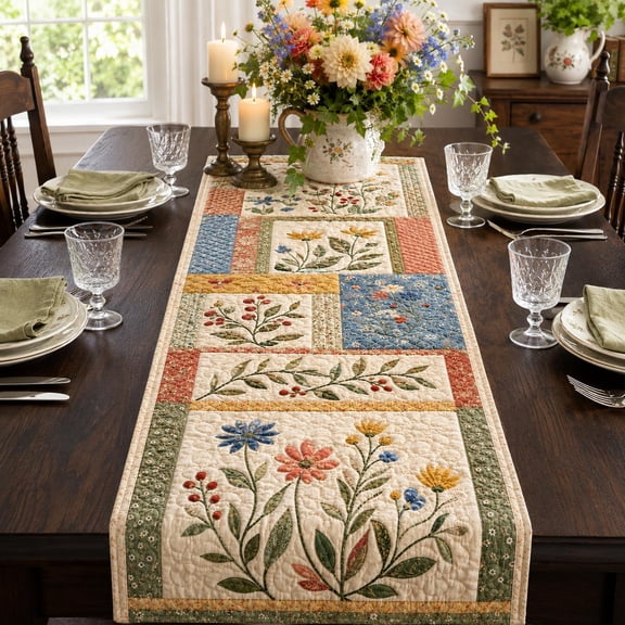 Floral Patchwork Quilted Table Runner, Country Farmhouse Dining Decor