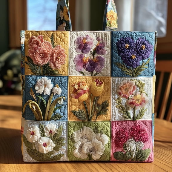 Floral Patchwork Quilted Tote Bag, Vintage Flower Pattern Shoulder Tote, Cottagecore Shopping Bag