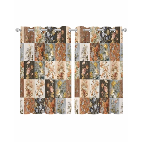 Floral Patchwork Sheer Curtains 39 Inch Length 2 Panels Set for Living Room/Bedroom, Vintage Country Geometric Flower Kitchen Curtains Grommet Semi-Sheer Curtains Drapes Window Treatments 27.5"x39"x2