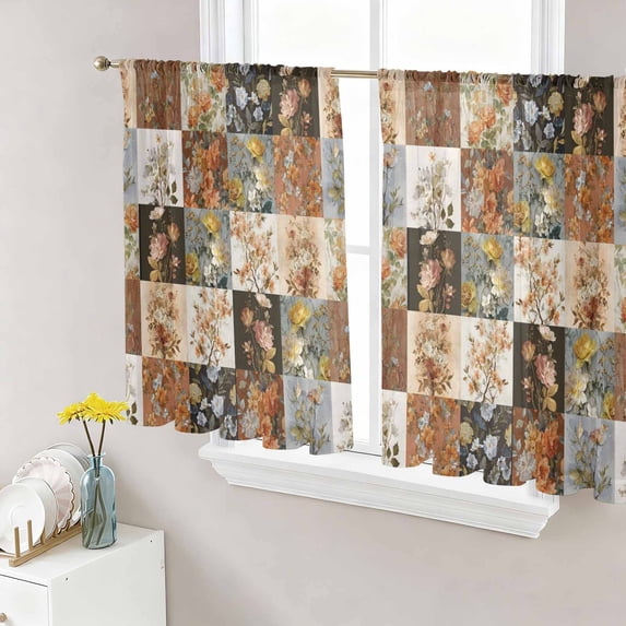 Floral Patchwork Sheer Curtains 54 Inch Length 2 Panels Set, Vintage Country Geometric Flower Voile Window Treatment Rod Pocket Short Kitchen Curtains Drapes for Bedroom 52"x54"x2