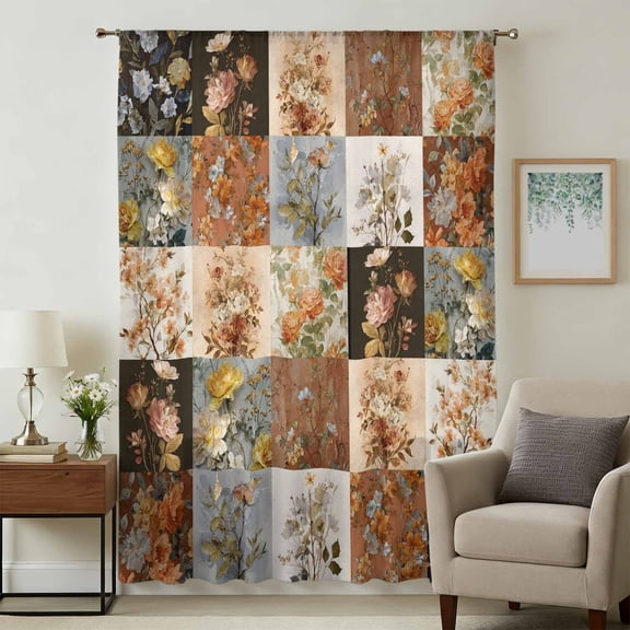 Floral Patchwork Sheer Curtains 84 Inches Long, Vintage Country Geometric Flower Light Filering Curtains, Breathable Simi Curtain Privacy Drapes for Living Room Bedroom Lightweight Window Treatment