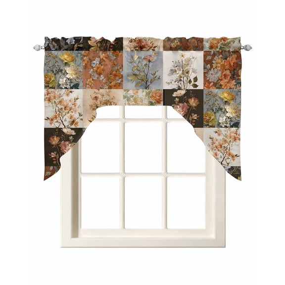 Floral Patchwork Swag Valances for Windows, Small Curtains Drapes, Vintage Country Geometric Flower Kitchen Window Curtains Over Sink Rod Pocket Window Treatment Valance for Bedroom/Bathroom 56"x36"