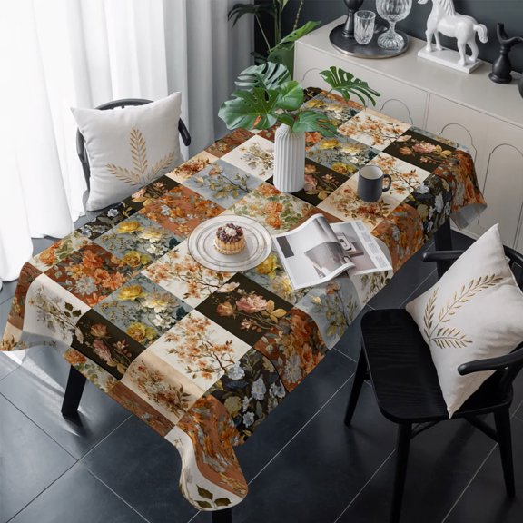 Floral Patchwork Table Cloth Waterproof Tablecloths, Vintage Country Geometric Flower Tablecloth Dining Table Cover for Kitchen Party Tabletop Outdoor, Rectangle Tablecloth 54x108 Inch