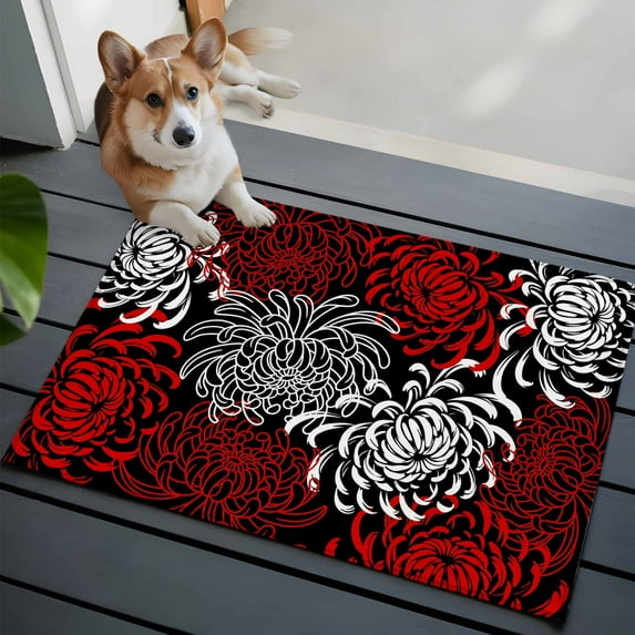 Floral Pattern 2x3 Area Rugs for Living Room, Outline White Red Chrysanthemum Graphic Non Slip Floor Mat Washable Low-Profile Indoor Carpet for Bedroom, Dining Room, Bathroom