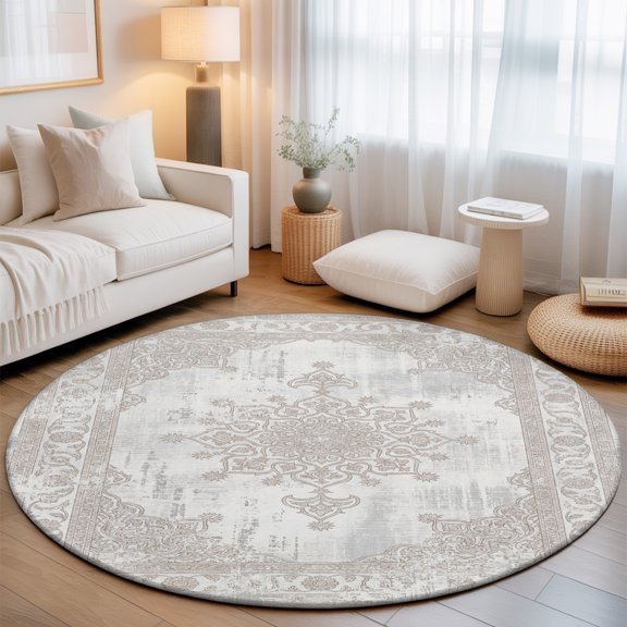 Floral Pattern 7' Round Rugs for Living Room Conversation Area, Abstract Charcoal Central Medallion Weathered Border Washable Non Slip Large Circle Area Rug Under Dining Table