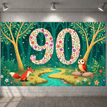 Floral Pattern 90th Birthday Banner Forest Scene Woodland Backdrop Woodland Animals Nature Inspired Nature Scene Display for 90th Birthday Party Woodland Celebration Family Gathering