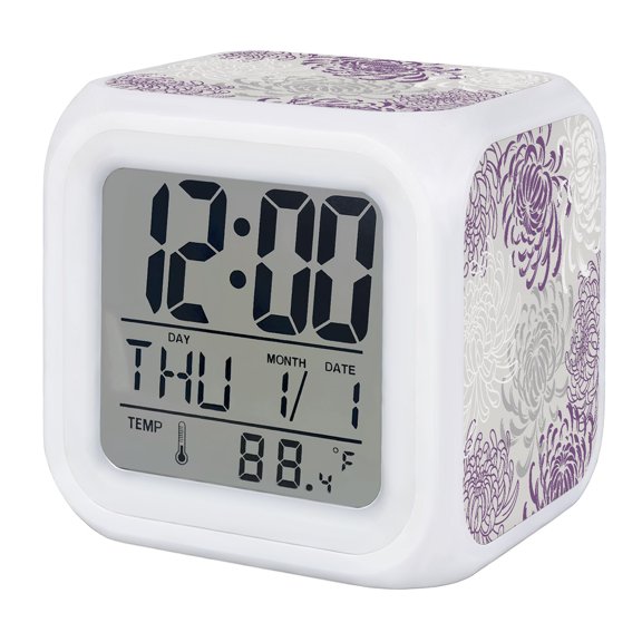 Floral Pattern Alarm Clock, Outline White Purple Chrysanthemum Graphic Digital Clock Night Light with 7 Color, Calendar Temperature Display, LED Desk Small Clock for Bedrooms Bedside Living Room