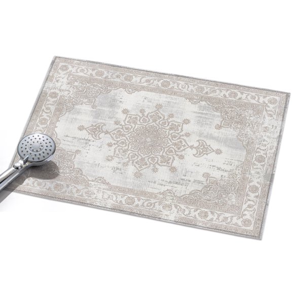 Floral Pattern Area Rug, Abstract Charcoal Central Medallion Weathered Border Non-Slip Felt Rubber Backing Rectangle Indoor Carpet Washable Rugs for Living Room Bedroom 2x3ft