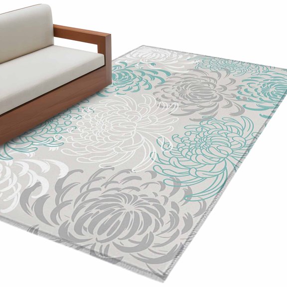 Floral Pattern Area&nbsp;Rug 2.7x5ft Outline White Indigo Chrysanthemum Graphic Non-Slip&nbsp;Washable Square&nbsp;Rugs Soft Felt Indoor Floor Mat for Bedroom Kitchen Living Room Bathroom