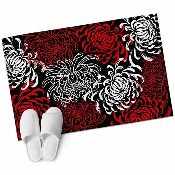 Floral Pattern Area Rug 2x3ft Outline White Red Chrysanthemum Graphic Non-Slip Washable Square Rugs Soft Felt Indoor Floor Mat for Bedroom Kitchen Living Room Bathroom