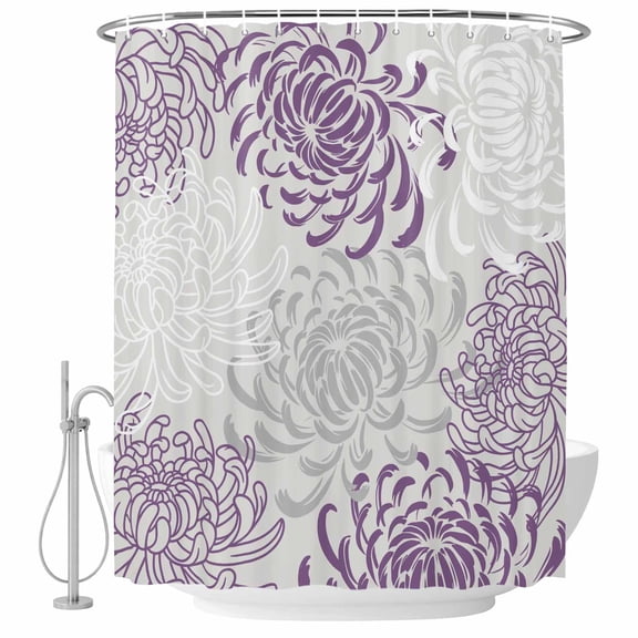 Floral Pattern Bathroom Shower Curtains with Hooks, Outline White Purple Chrysanthemum Graphic Waterproof Fabric Washable Shower Curtain for Home Hotel Bathtub Decor 72x72 Inch