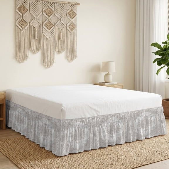 Floral Pattern Bed Skirt Bed Skirts Queen Size 16 Inch Drop, Abstract Charcoal Central Medallion Weathered Border Wrap Around Dust Ruffle Bedskirt with Adjustable Elastic Belt for Queen Size Beds