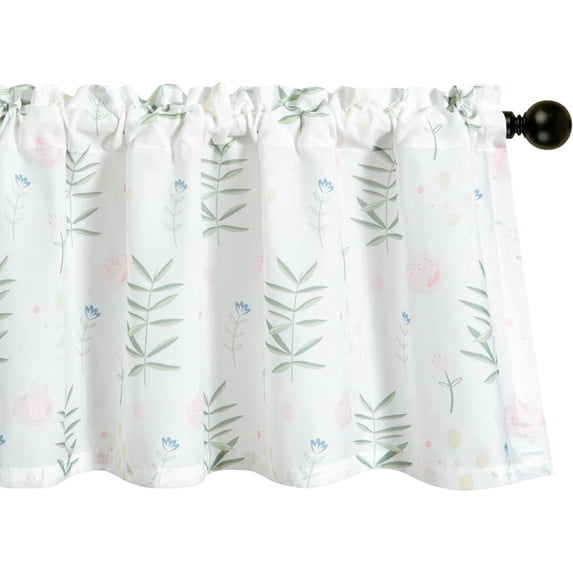 Floral Pattern Bedroom Valance, Green Leaf Print Rod Pocket Sheer Curtain for Nursery, 1 Piece Light Filtering Valance for Farmhouse, 52 x 18