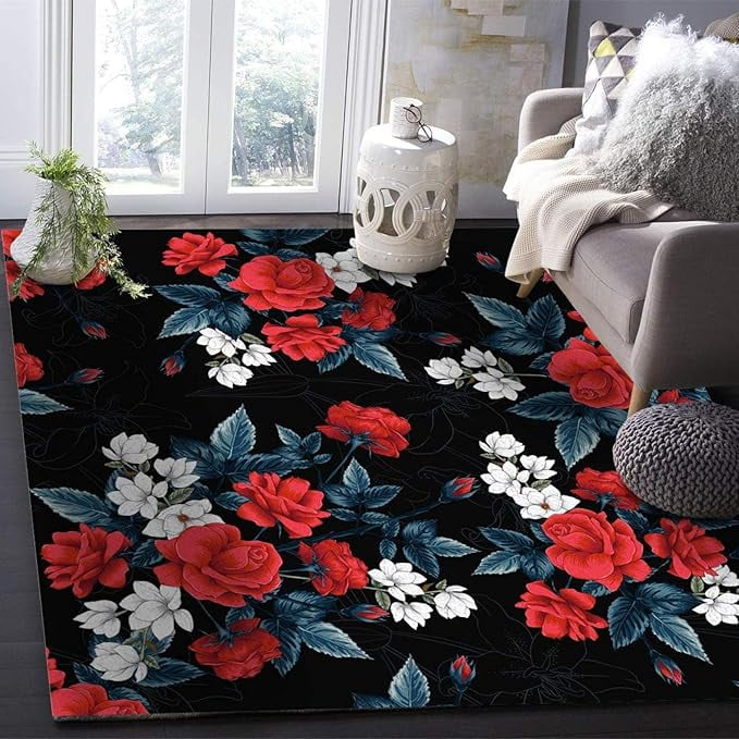 Floral Pattern Black Area Rug, White Red Line Rose Indoor Rugs With
