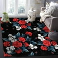 Floral Pattern Black Area Rug, White Red Line Rose Indoor Rugs With