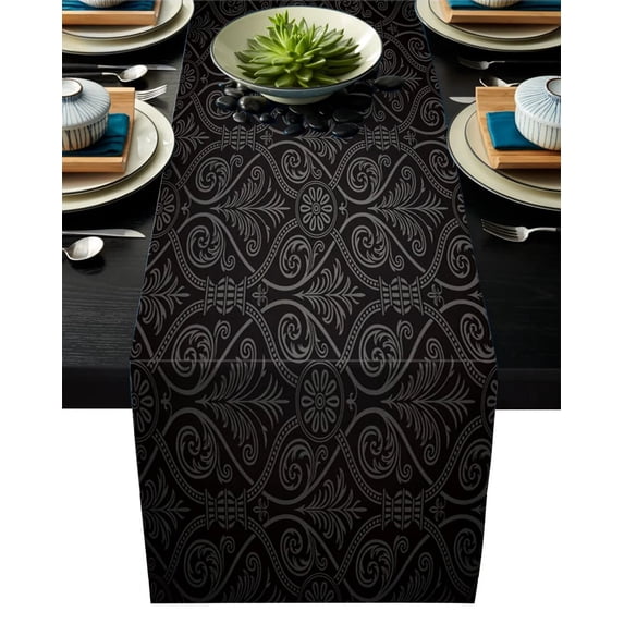 Floral Pattern Black Texture Black Table Runner Modern Linen Cotton Table Cloth Decoration For Home Wedding Christmas Party