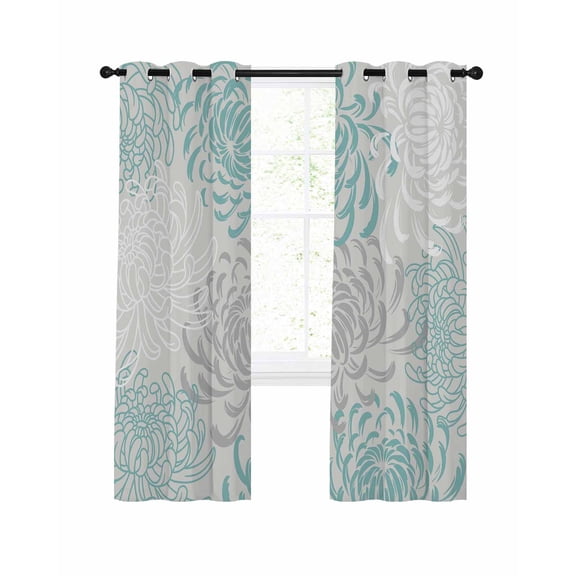 Floral Pattern Blackout Curtains for Bedroom Living Room, Outline White Indigo Chrysanthemum Graphic 45 In Long Thermal Insulated Room Darkening Drapes Grommet Window Treatments, 52 x 45 In