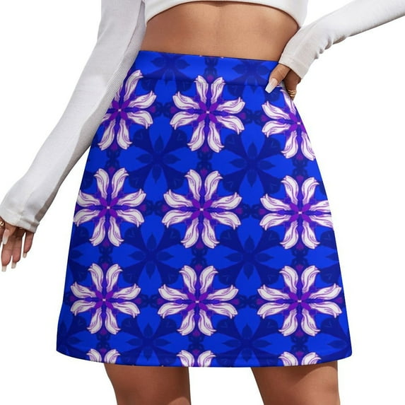 Floral Pattern Blue And White Women's High Waist Skirt Stretchy Casual Mini Skirt