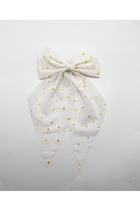 Floral Pattern Bow Hair Barrette with Long Tail-milky white