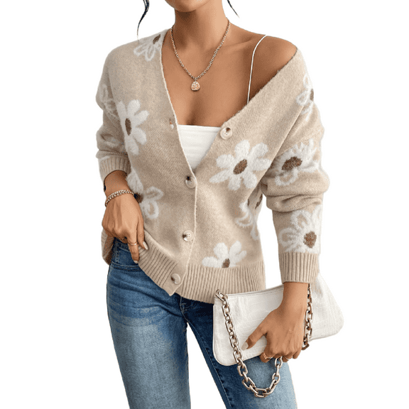 Floral Pattern Button Down Knit Cardigan, Elegant Long Sleeve Sweater, Women's Clothing