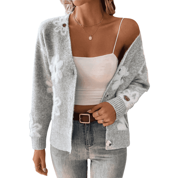 Floral Pattern Button Front Knitted Cardigan, Elegant V-neck Long Sleeve Sweater, Women's Clothing