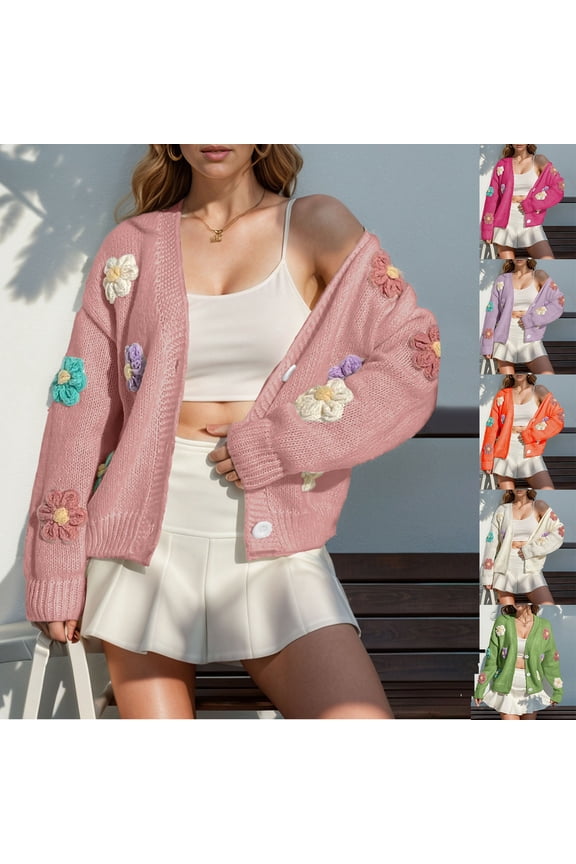 Floral Pattern Button Knit Cardigan - Cute Loose Fit Long Sleeve Sweater, Charming and Cozy, Great for Spring and Fall Seasons,Orange,L