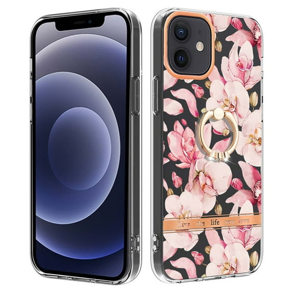 Floral Pattern Case for iPhone 12, Clear Case with Ring Holder Kickstand for iPhone 12, Slim Lightweight Military Grade Shockproof Protective Phone Cover for Women Girls, Pink Flower